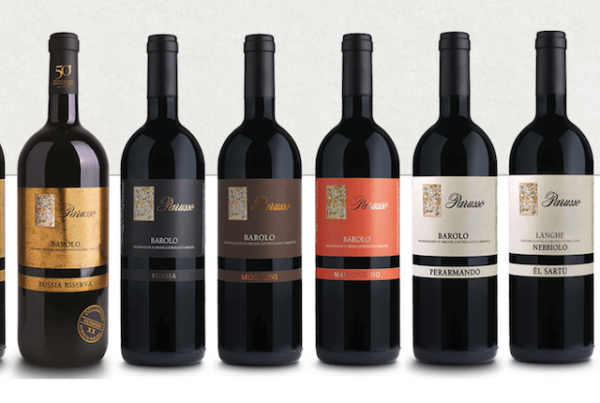 Selezione di bottiglie di vino Parusso: Barolo Bussia, Barbera d'Alba e Dolcetto d'Alba schierate su fondo bianco