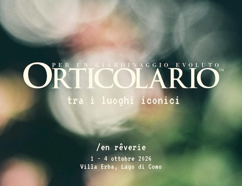 Locandina di Orticolario 2026 con il tema En rêverie, le date dal 1° al 4 ottobre e la sede di Villa Erba sul Lago di Como