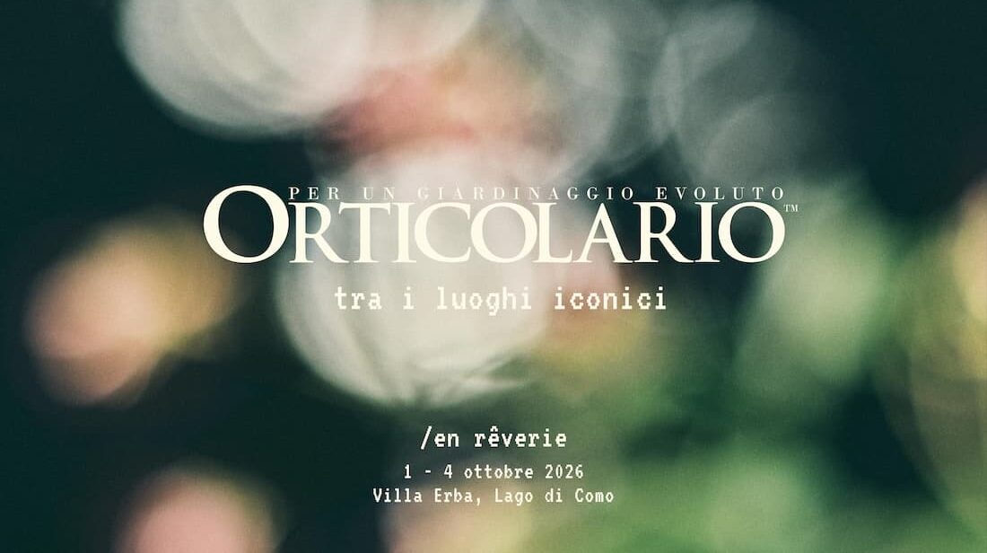 Locandina di Orticolario 2026 con il tema En rêverie, le date dal 1° al 4 ottobre e la sede di Villa Erba sul Lago di Como