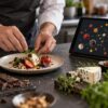 Chef prepara un piatto affiancato da un sistema digitale di food pairing