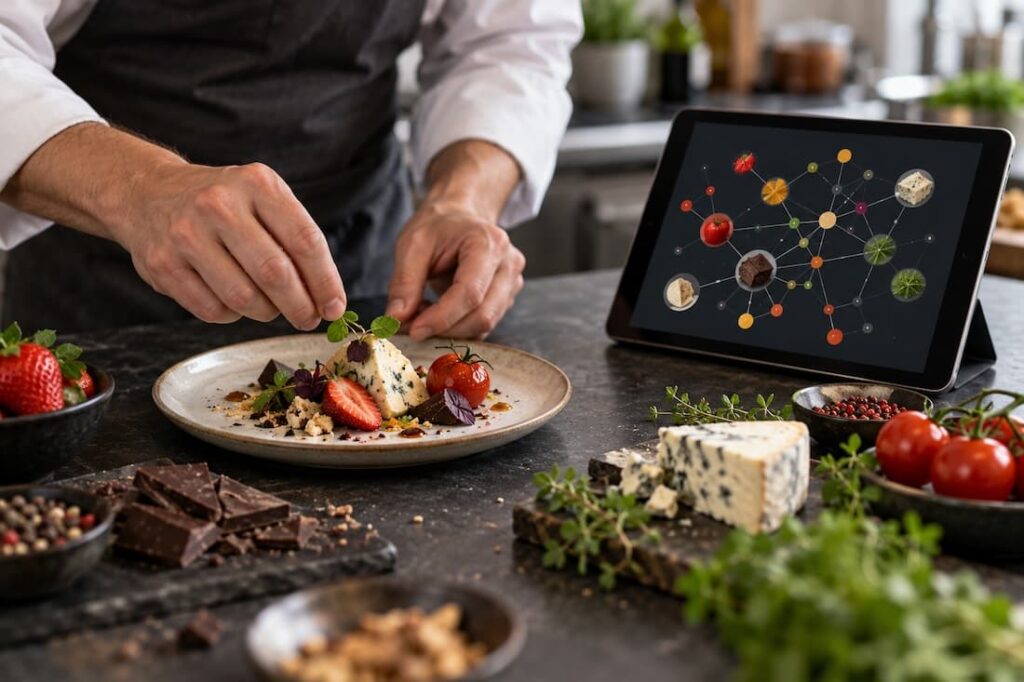 Chef prepara un piatto affiancato da un sistema digitale di food pairing