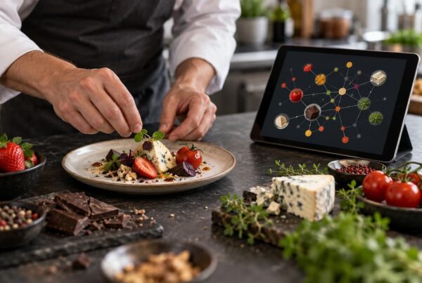 Chef prepara un piatto affiancato da un sistema digitale di food pairing