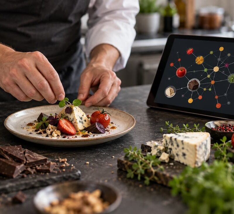 Chef prepara un piatto affiancato da un sistema digitale di food pairing