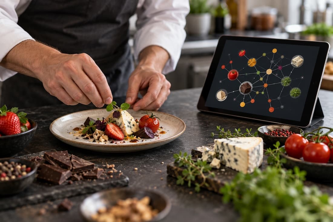 Chef prepara un piatto affiancato da un sistema digitale di food pairing
